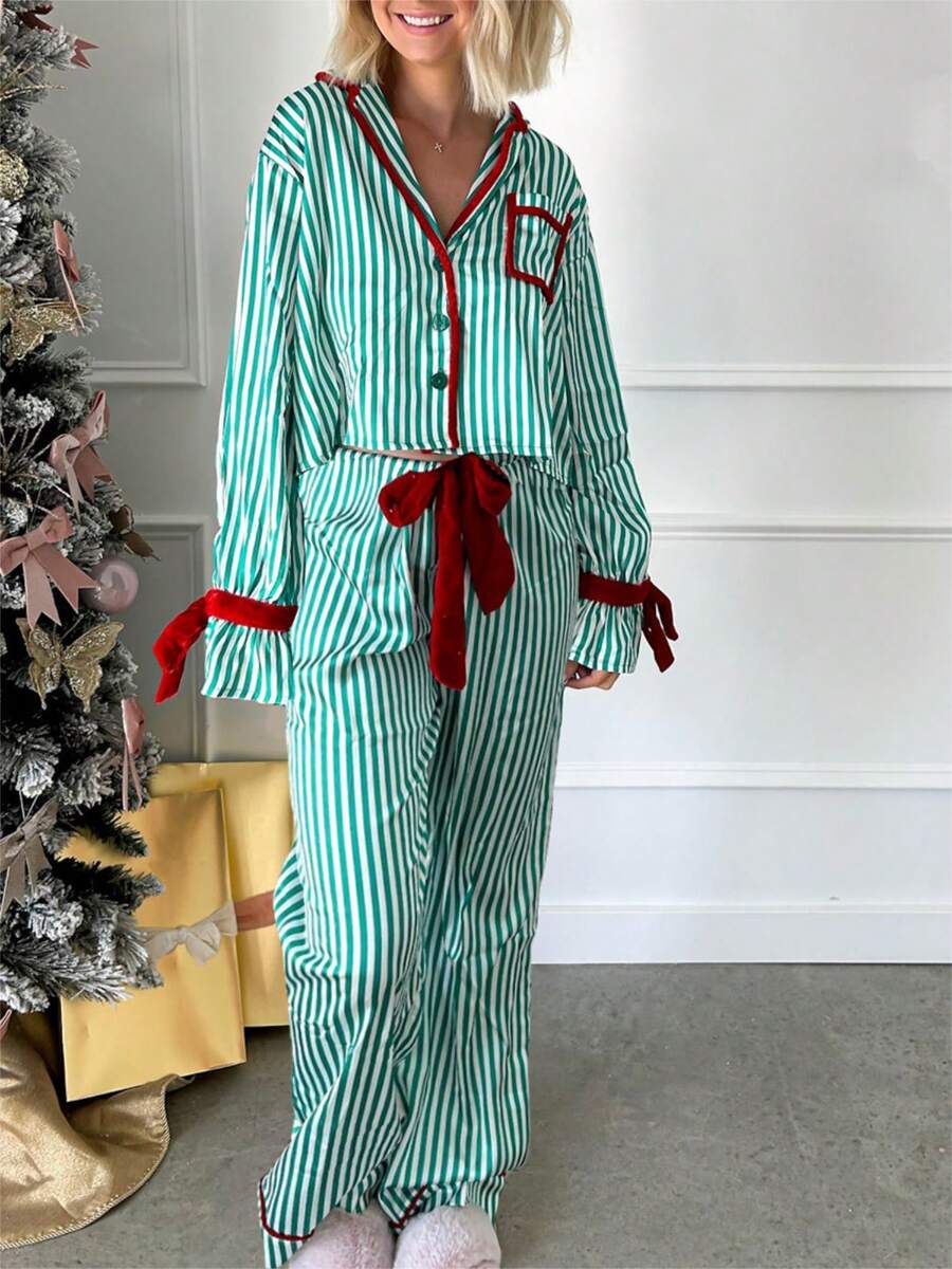 Womens Striped Christmas Pajama Set Satin Tie Up Knot Puff Long Sleeve Button-Up V-Neck Cropped Shirt + Drawstring Waist Long Pants 2 Piece Sleepwear Xmas Holiday Party Clothes Loungewear Outfit - 綠色 - 查看 1