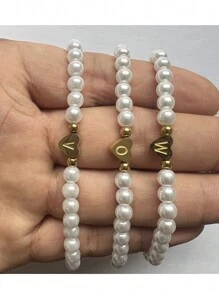 1pc Classic A-Z Heart Initials Bracelet, Handmade Beaded Bracelet With Faux Pearl, Women's Jewelry Gift, Fashion Commuting Heart Bracelet, Simple Elegant Heart Accessories, Valentine's/Christmas Gift For Girlfriend - Multicolor - View 4