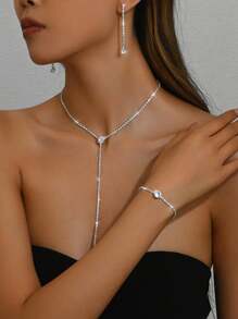 1 套女士优雅水晶水钻装饰长流苏项链 1 件 + 耳环 2 件 + 手链 1 件