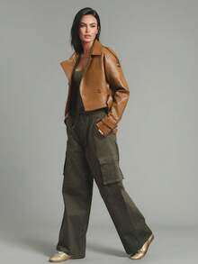 Women's Short Leather Jacket With Belt And Button Design, Fashion Retro Motorcycle Style, Minimalist Design - Camel - View 4