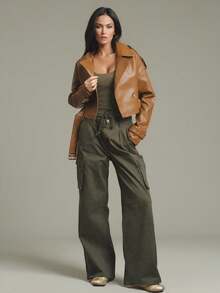 Women's Short Leather Jacket With Belt And Button Design, Fashion Retro Motorcycle Style, Minimalist Design - Camel - View 3