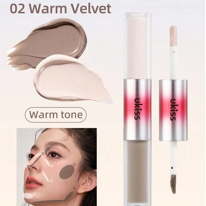 ukiss 双头轮廓和高光笔，液体轮廓和高光笔，轻盈保湿，配有 2 个不同的刷头，全面覆盖，精确轮廓和高光，持久，遮瑕，遮盖，保湿，高光，浅沙色