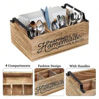 1 件装木制厨具盒，带 4 个隔层，带手柄叉刀勺的银器盒，派对野餐露营装备，适合家庭厨房、户外野餐工具携带