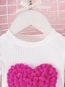 2 件女婴优雅心形泡泡袖上衣 + 裙子套装，学院风，轻盈，适合秋冬 - 玫紅色 - 查看 4