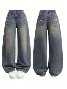 少女宽松蝴蝶印花阔腿牛仔裤，百搭