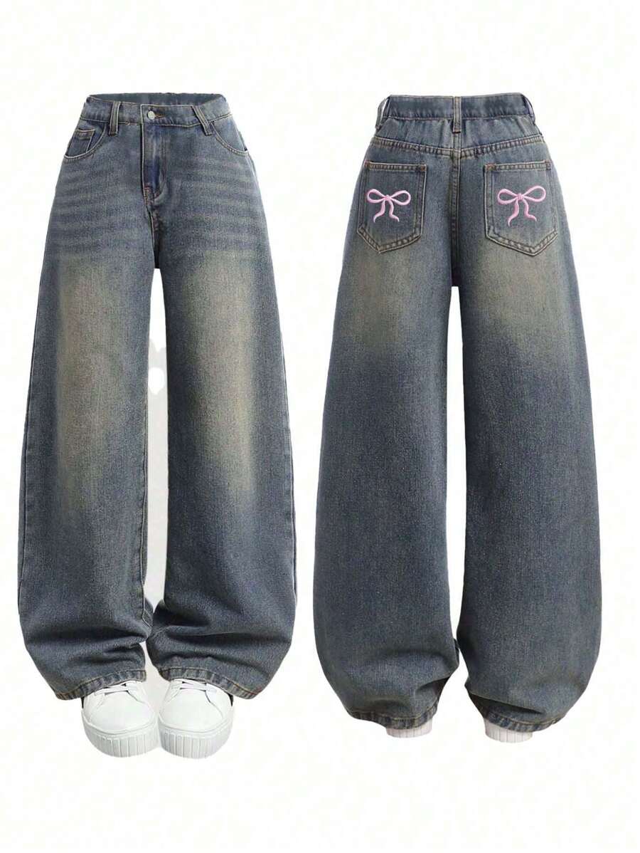 少女宽松蝴蝶印花阔腿牛仔裤，百搭