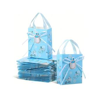 12 件/套婴儿洗礼礼品袋、婴儿洗礼派对礼品袋、生日派对礼品袋、蓝色甜蜜回礼袋、可爱卡通婴儿奶瓶和蝴蝶结派对装饰