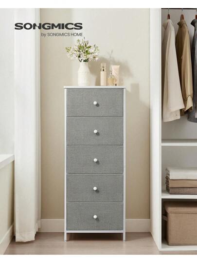 SONGMICS Chest Of Drawers Bedroom, Drawer Storage Unit, Dresser With 5 Fabric Drawers, Metal Frame, Tall And Slim, For Closet, Grey And Cream White