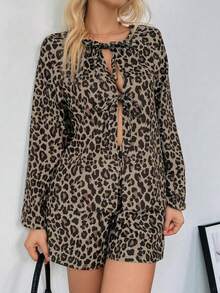 Women's Fashionable Contrast Color Leopard Print Long Sleeve Shorts Two-Piece Set - Multicolor - View 4