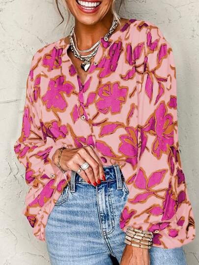 Acelitt Floral Print Batwing Sleeve Loose Fit Button-Up Shirt, Pink