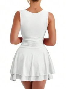 Women's Mini Party Dress Summer Sleeveless Square Neck Solid Color A-Line Dress Short Flowy Dress - 白色 - 查看 5