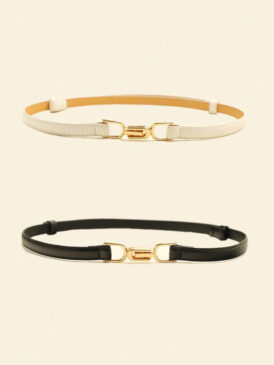 2pcs Black & White Retro Stitching PU Leather Cinched Waist Belt Summer, School Fall, Autumn, Halloween - Black and White - View 1