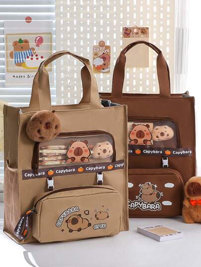 1个水豚大容量学生日常文具收纳包，可用于存放笔、笔记本、纸张和其他桌面文具，便携式收纳包，多功能暑假手提学生返校书包，返校季，开学季，学习用品，铅笔盒，铅笔袋，书包