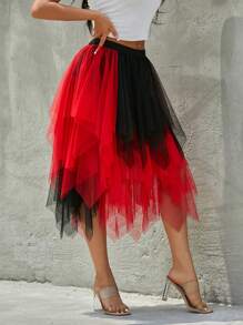 Women Fashion Midi Skirts Contrast Color/Solid Color Elastic High Waist Irregular Ruffles Multi-Layered Tulle Tutu Skirts - Red and Black - View 7