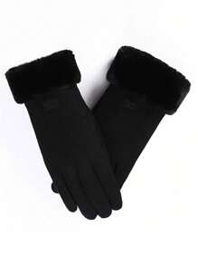 女士冬季加厚毛绒手套时尚保暖麂皮户外女士触屏驾驶手套运动骑行手套 - 黑色 - 查看 1