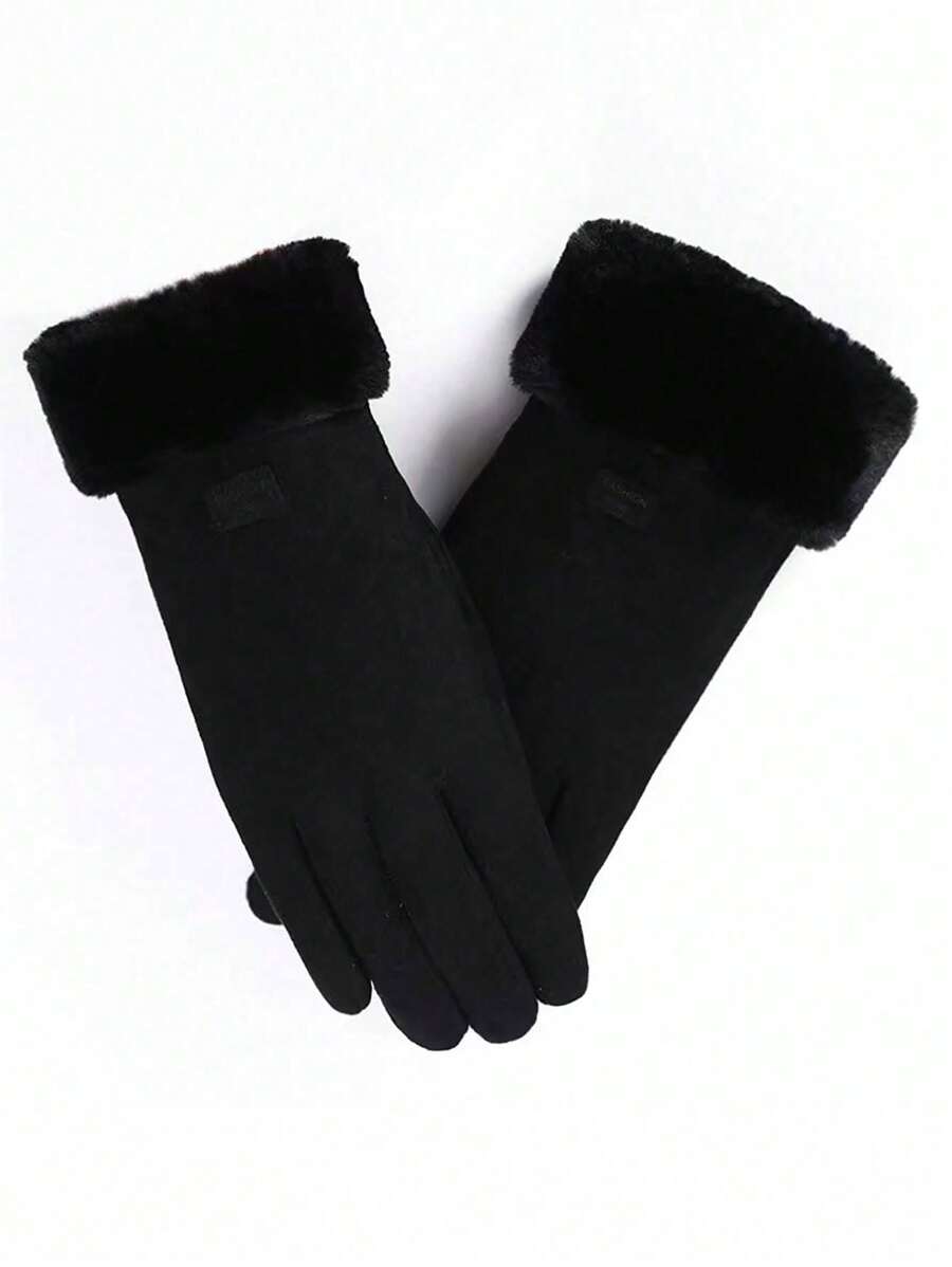 女士冬季加厚毛绒手套时尚保暖麂皮户外女士触屏驾驶手套运动骑行手套 - 黑色 - 查看 1