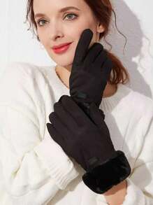 女士冬季加厚毛绒手套时尚保暖麂皮户外女士触屏驾驶手套运动骑行手套 - 黑色 - 查看 2