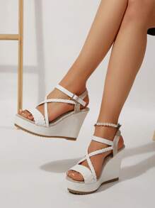 女士厚底凉鞋，夏季交叉带石头图案，带扣闭合海滩度假防水高跟凉鞋 - 白色 - 查看 3