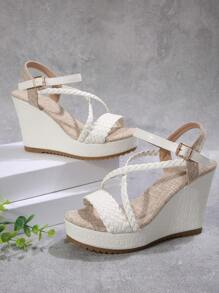 女士厚底凉鞋，夏季交叉带石头图案，带扣闭合海滩度假防水高跟凉鞋 - 白色 - 查看 8