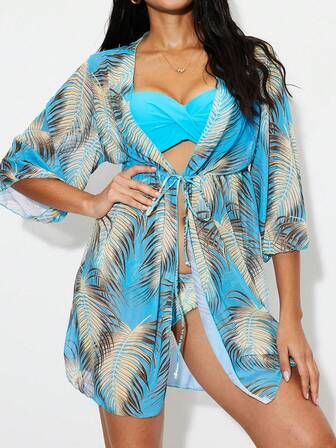 Chiffon Tropical Print Drawstring Waist Cover Up & Bikini 3pcs Set, For Summer Beach Vacation