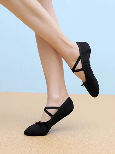 女士加厚帆布黑色芭蕾舞鞋，室内舞蹈鞋，防滑绒面鞋底，系带芭蕾舞鞋，瑜伽练习鞋，一脚蹬一脚蹬鞋，室内拖鞋