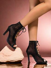 Canvas Red Women's Short Boots Peep-Toe Short Boots Jazz Dance Elastic Special High Heels Dance Shoes Lace-Up Heels Jazz Dance Mid-Heel Black Canvas Pointed-Toe Women Sandals With Mesh - Black - View 3