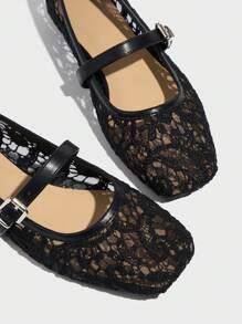 Women's Ballet Flats Summer Breathable Embroidery Lace Mesh Square Toe Mary Jane Black Flat Shoes - Black - View 3