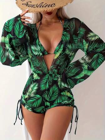 Women 3-Piece Swimwear Set: Tropical Printed Long Sleeve Mesh Cover-Up & Sexy Bikini Set, For Summer Beach Vacation