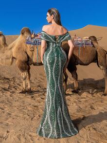 Faeriesty Robe de soirée élégante sirène à épaules dénudées avec perles, gracieuse pour un mariage - Vert sapin - Voir 3