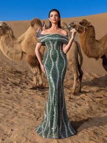 Faeriesty Robe de soirée élégante sirène à épaules dénudées avec perles, gracieuse pour un mariage - Vert sapin - Voir 8