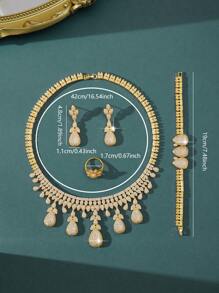 5 Pieces Luxury Pearl, Crystal & Zirconia Jewelry Set - Necklace, Earrings, Ring, Bracelet, Suitable For Parties, Galas, Daily Wear, Wedding Gowns, Gift For Girlfriend, Mother, Teacher