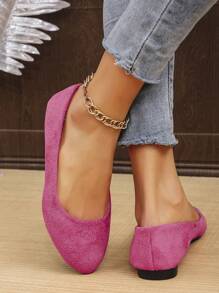 Women's Suede Slip-On Flat Shoes, Pointed Toe, Low Heel, Casual, Versatile, Candy Colors, Loafers - Hot Pink - View 5