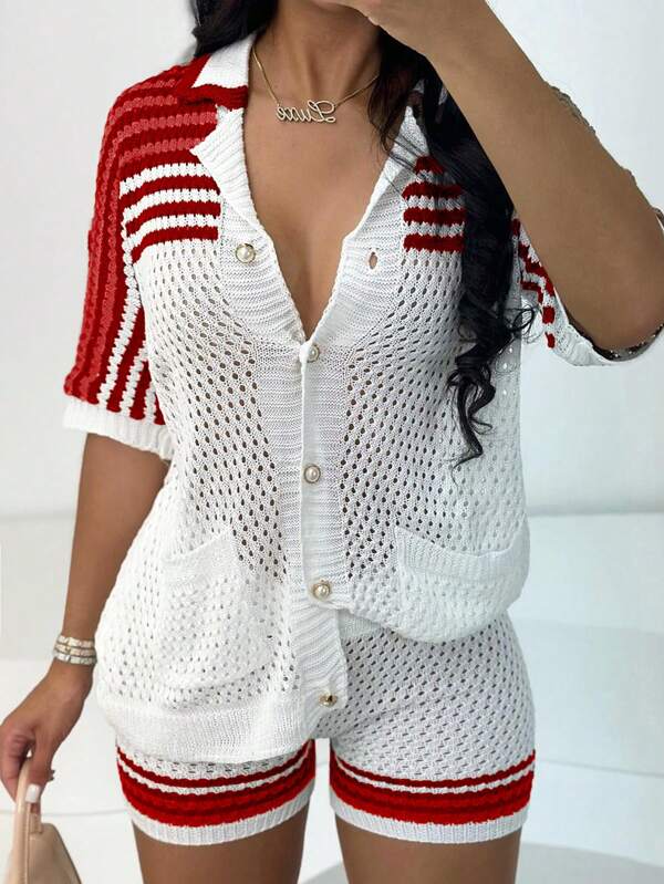 Conjunto informal de 2 piezas: Blusa de manga corta con botones y patrón de rayas + Shorts de punto para mujer para uso en la playa