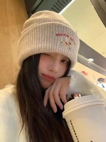 Puppy Embroidery Knitted Beanie Hat For Women, Warm, Cute, Suitable For Students, Couples, Autumn/Winter - Hat - View 2