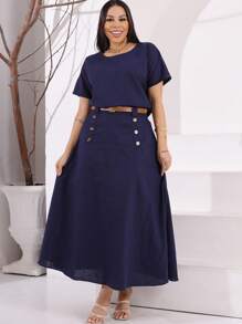 Women's Linen Set Long Skirt With Slit + Casual Blouse - Women's Fashion / Without Belt - 藏蓝色 - 查看 1