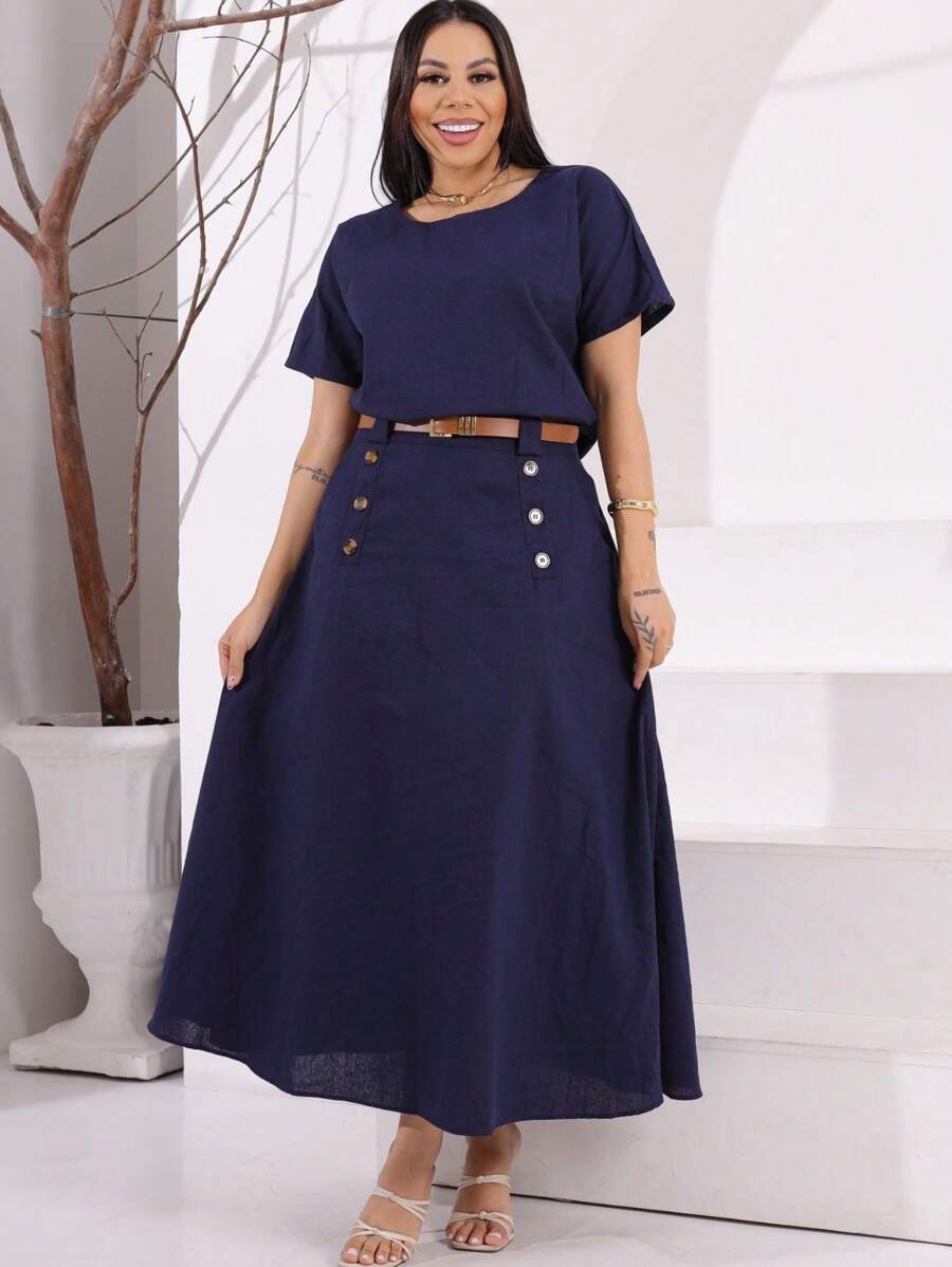 Women's Linen Set Long Skirt With Slit + Casual Blouse - Women's Fashion / Without Belt - 藏蓝色 - 查看 1