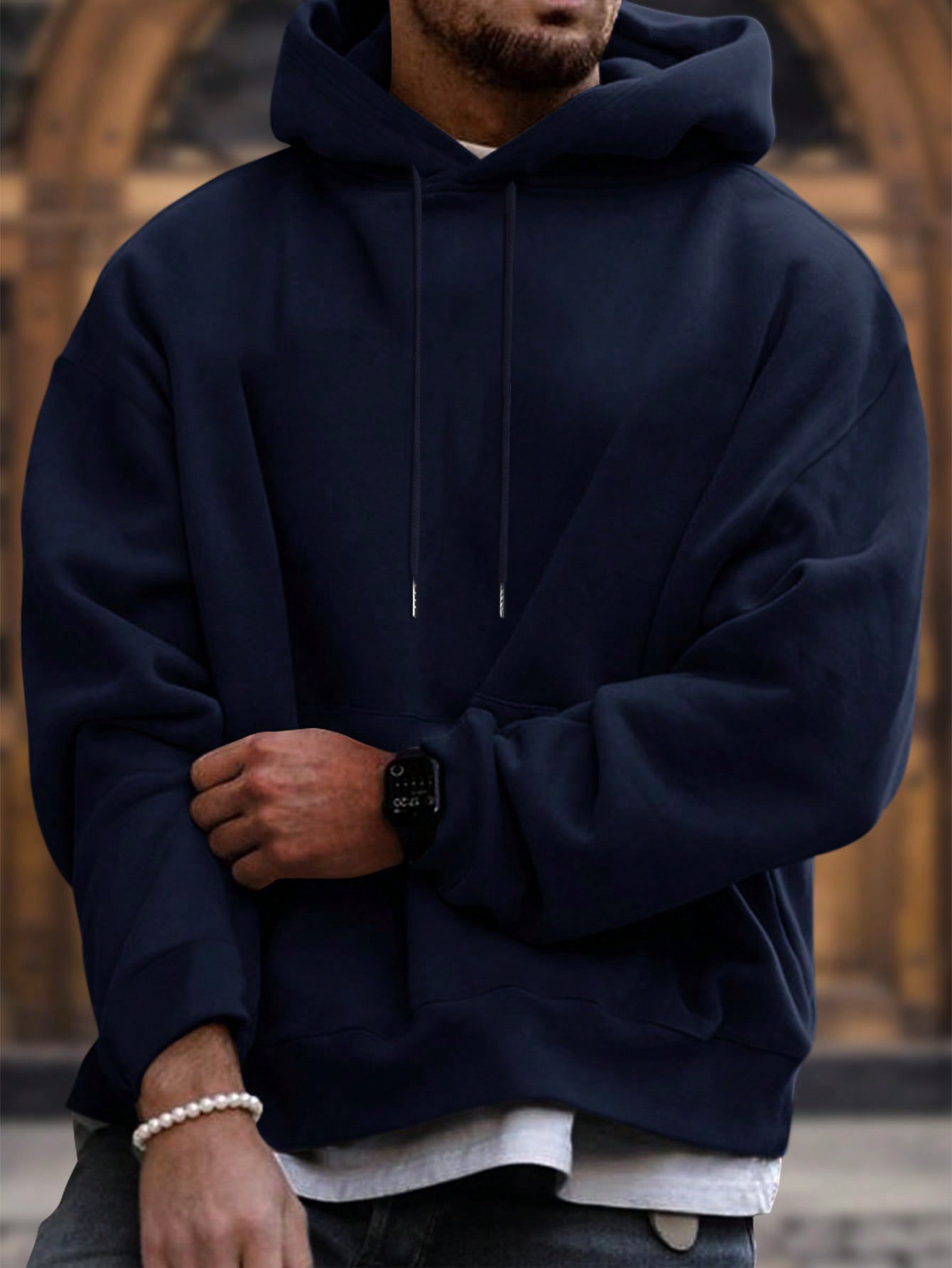 Men's Solid Color Long Sleeve Drawstring Casual Loose Hoodie Sweatshirt