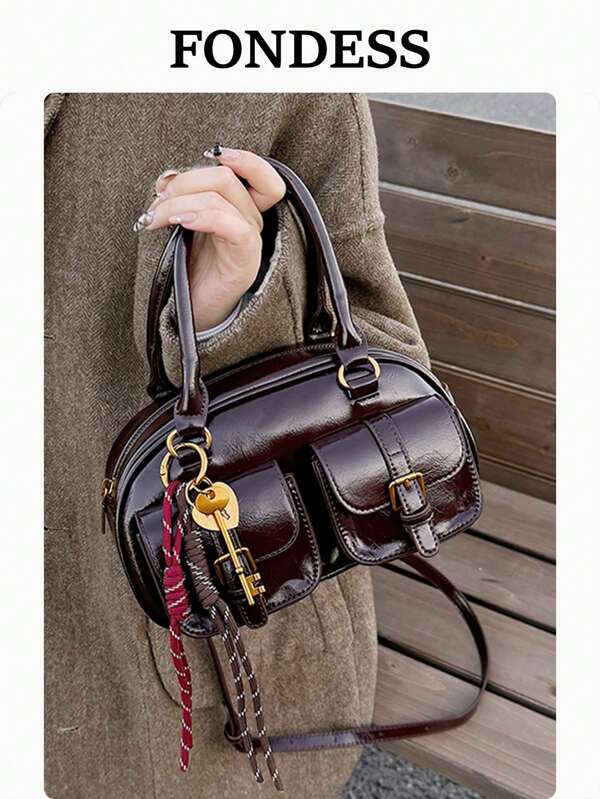 New Fashion Waxed Leather Multi-Pocket Handbag, Shoulder & Crossbody Bag, Vintage Decorative Accessories, Versatile Lady Bag, Korean Style