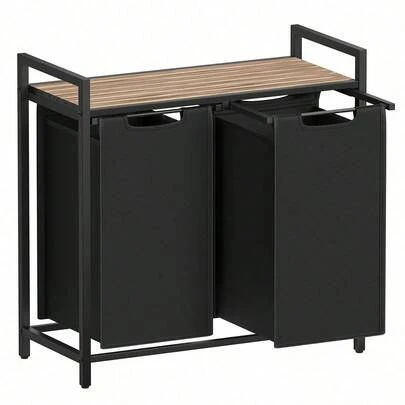 VASAGLE Laundry Basket, 2-Compartment Laundry Hamper, Pull-Out And Removable Laundry Bags, Laundry Sorter, Shelf, Metal Frame, 2 X 46L, 73 X 33 X 72 Cm, Black