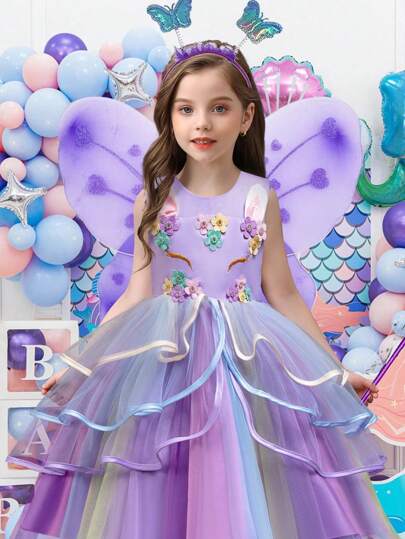 女孩 3 件套独角兽服装套装，配有可折叠翅膀头带和棒，令人惊叹的儿童公主裙，适合节日派对、聚会、舞台、选美比赛、社交活动，订购前请查看尺码表