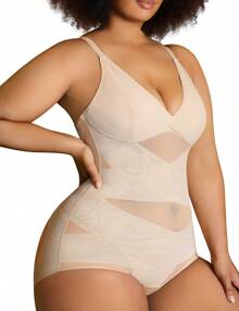 Nebility Plus Size Bodysuit Shapewear For Women Tummy Control Body Shaper Waist Trainer Butt Lifter V Neck Bra Jumpsuit Top - 米色 - 查看 2