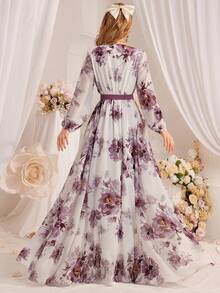 女士花卉印花网眼灯笼袖阿拉伯连衣裙