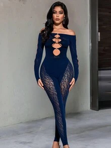 Off Shoulder Cut Out Front Contrast Lace Unitard Jumpsuit - Navy Blue - View 5