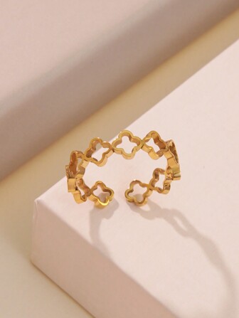 1pc Minimalist Style Adjustable Stainless Steel Ring With Hollow Leaf Shapes, Suitable For Women's Daily Wear Or Commuting, Also A Great Gift For Valentine's Day Valentines,Mom,Mother,Mother's Day,Gift