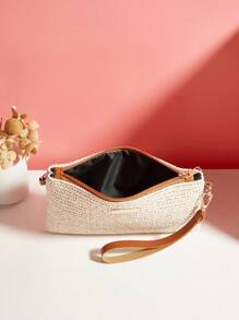 流行女士休闲旅行草编包，时尚简约大容量女士中长款钱包手拿包，沙滩钱包，适合夏季、度假和日常使用，完美搭配女士舞会礼服、舞会配饰、女士亮片连衣裙、闪亮连衣裙、女士优雅连衣裙、优雅舞会包、沙滩必需品、沙滩必需品、沙滩用品和夏季必需品、最新假日包 - 米色 - 查看 5