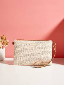 流行女士休闲旅行草编包，时尚简约大容量女士中长款钱包手拿包，沙滩钱包，适合夏季、度假和日常使用，完美搭配女士舞会礼服、舞会配饰、女士亮片连衣裙、闪亮连衣裙、女士优雅连衣裙、优雅舞会包、沙滩必需品、沙滩必需品、沙滩用品和夏季必需品、最新假日包 - 米色 - 查看 3