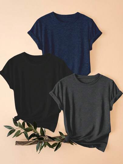 Conjunto de 3 peças de camisetas femininas plus size, gola redonda, manga curta, camisetas femininas, conjuntos de 3 peças de blusas de verão para mulheres