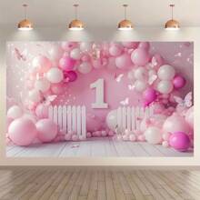 1pc Pink Balloon Garden Photography Backdrop With Butterfly & Floral Design - Polyester Multipurpose Banner For 1st Birthday, Cake Smash, Festival Party Decoration - No Electricity Required