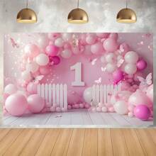 1pc Pink Balloon Garden Photography Backdrop With Butterfly & Floral Design - Polyester Multipurpose Banner For 1st Birthday, Cake Smash, Festival Party Decoration - No Electricity Required
