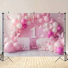 1pc Pink Balloon Garden Photography Backdrop With Butterfly & Floral Design - Polyester Multipurpose Banner For 1st Birthday, Cake Smash, Festival Party Decoration - No Electricity Required